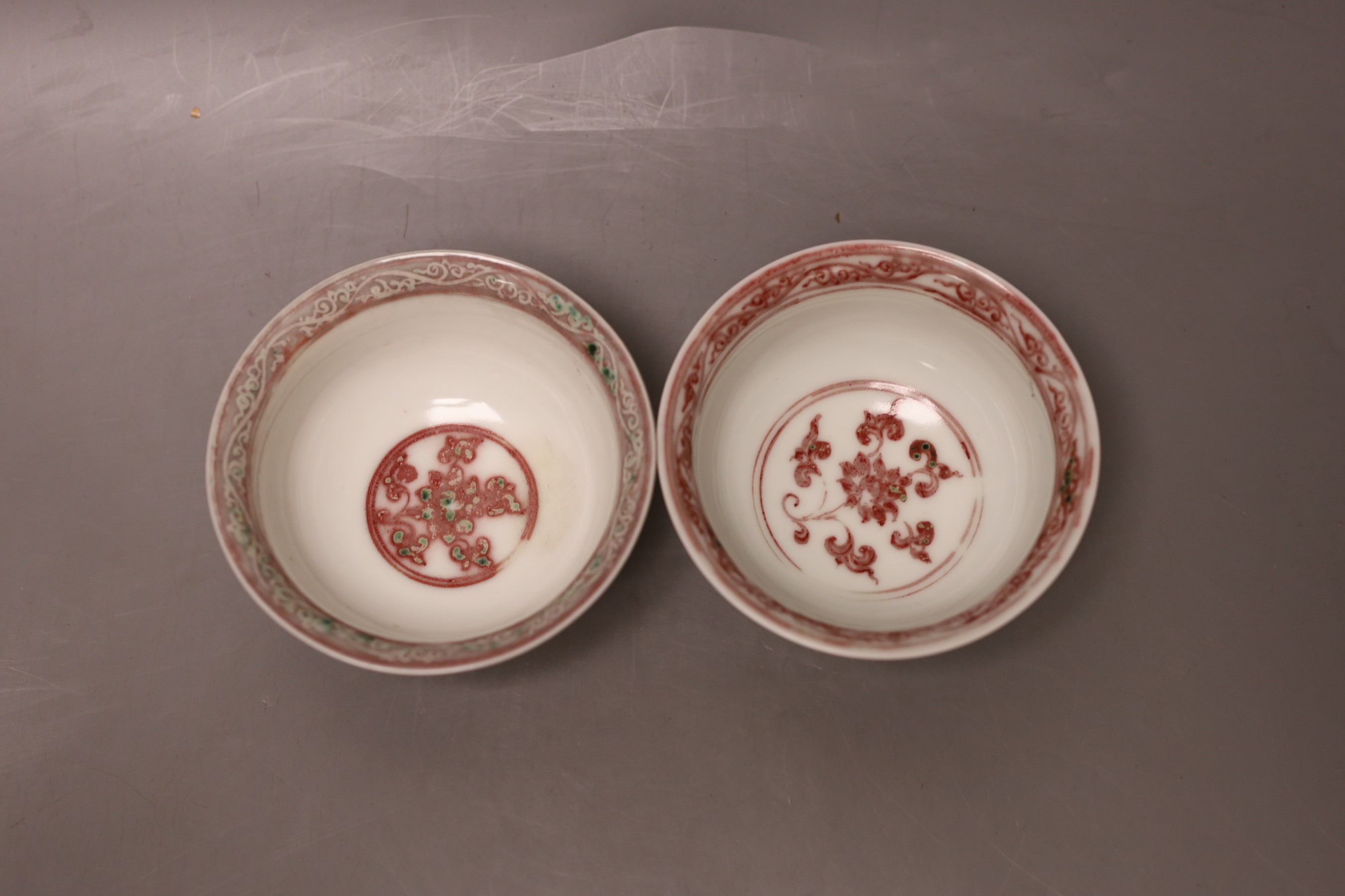 Two underglaze copper red bowls, marks to base - 5cm high